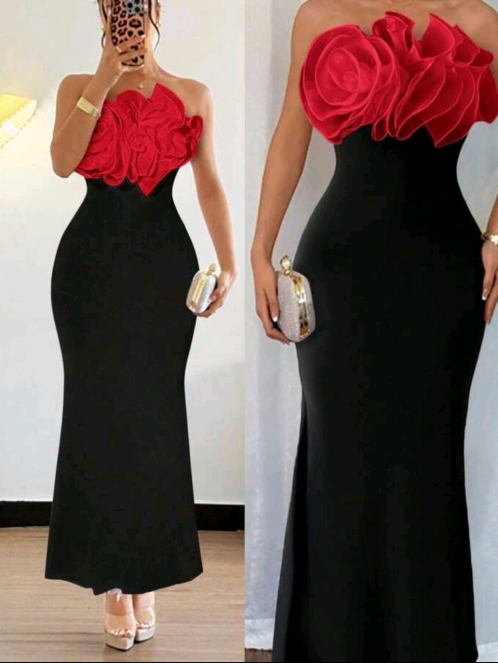 Black Strapless Gown with Red Rosette Bust